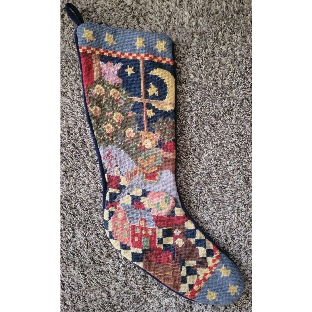 Vintage Woolen Needlepoint Christmas Stocking Bear Toys Moon Stars 1990's